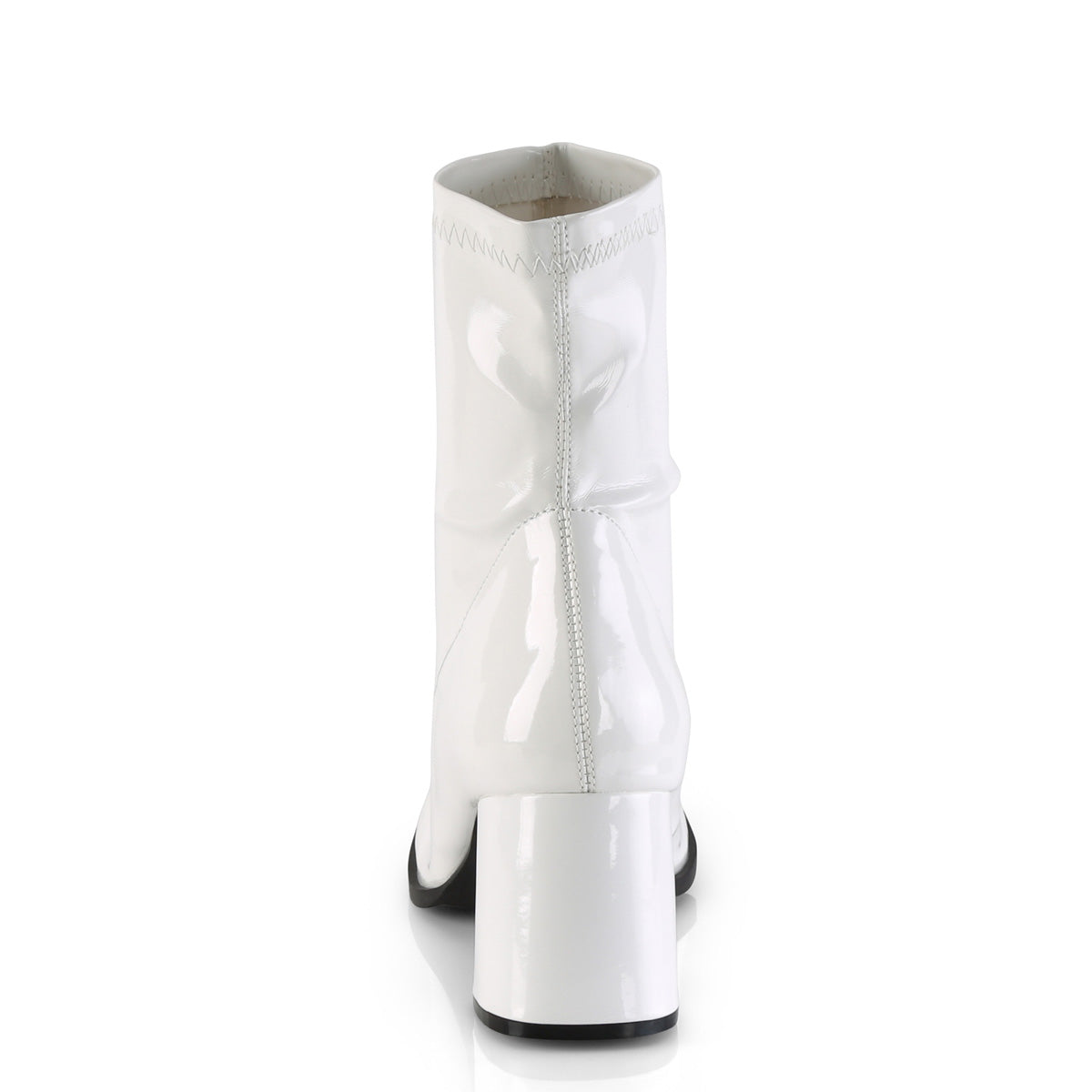 Back view of Funtasma Gogo-150 women’s white patent ankle gogo boot with block heel, retro 60s design, on white background.
