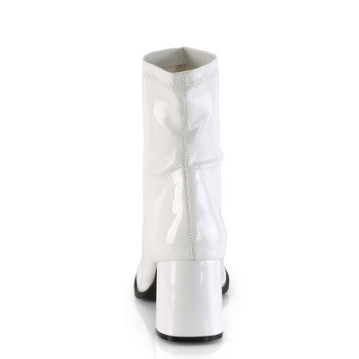 Back view of Funtasma Gogo-150 women’s white patent ankle gogo boot with block heel, retro 60s design, on white background.