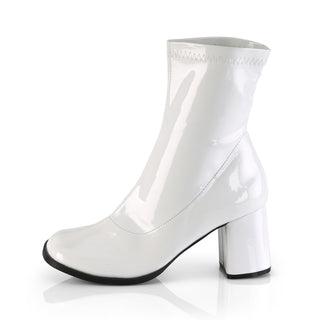 Outer side view of Funtasma Gogo-150 women’s white patent ankle gogo boot with block heel, 60s retro style, on white background.
