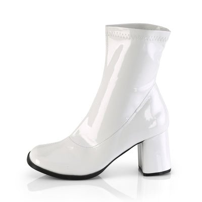 Outer side view of Funtasma Gogo-150 women’s white patent ankle gogo boot with block heel, 60s retro style, on white background.