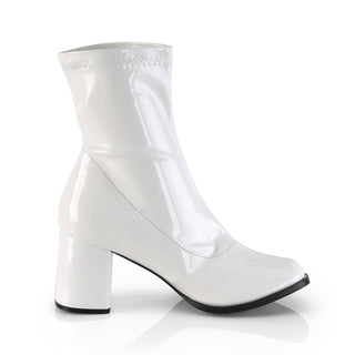 Side view of Funtasma Gogo-150 women’s white patent ankle gogo boot with block heel, retro 60s style, on white background.