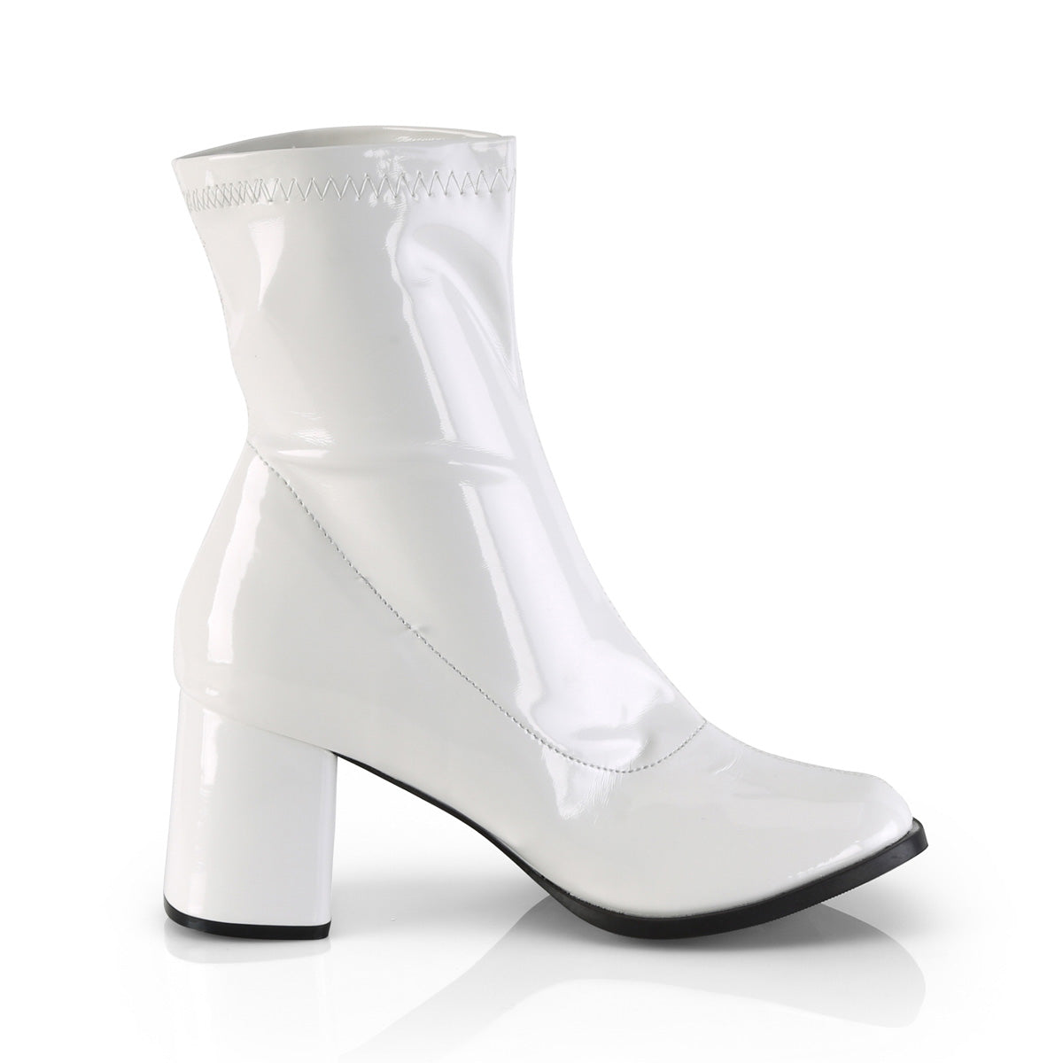 Side view of Funtasma Gogo-150 women’s white patent ankle gogo boot with block heel, retro 60s style, on white background.
