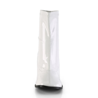 Front view of Funtasma Gogo-150 women’s white patent ankle gogo boot with block heel, retro 60s style, on white background.