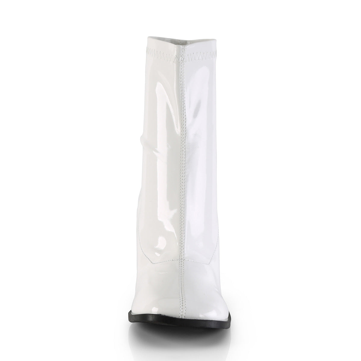 Front view of Funtasma Gogo-150 women’s white patent ankle gogo boot with block heel, retro 60s style, on white background.