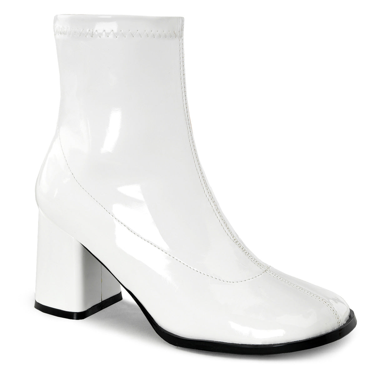 Funtasma Gogo-150 women’s white patent ankle gogo boot with block heel, retro 60s style, shown on white background