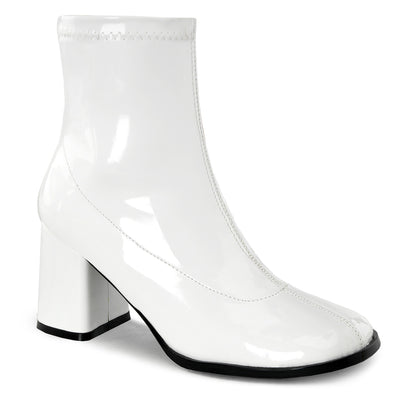 Funtasma Gogo-150 women’s white patent ankle gogo boot with block heel, retro 60s style, shown on white background