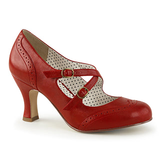 Red vintage-style Mary Jane heels with criss-cross straps, kitten heel, and brogue detailing, made from vegan leather