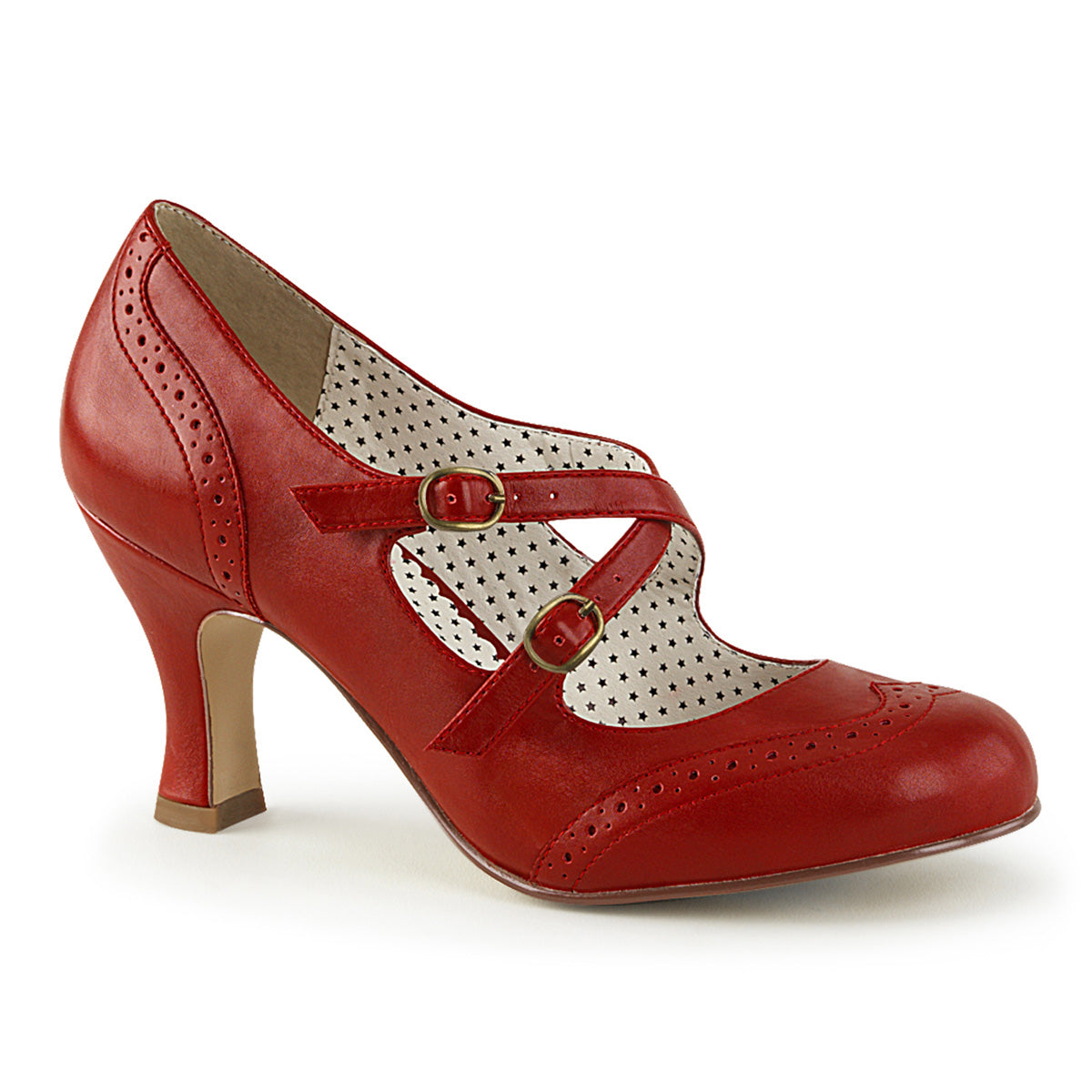 Red vintage-style Mary Jane heels with criss-cross straps, kitten heel, and brogue detailing, made from vegan leather