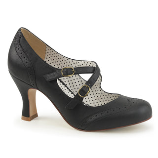 Black vintage-style Mary Jane heels with criss-cross straps, kitten heel, and brogue detailing, made from vegan leather