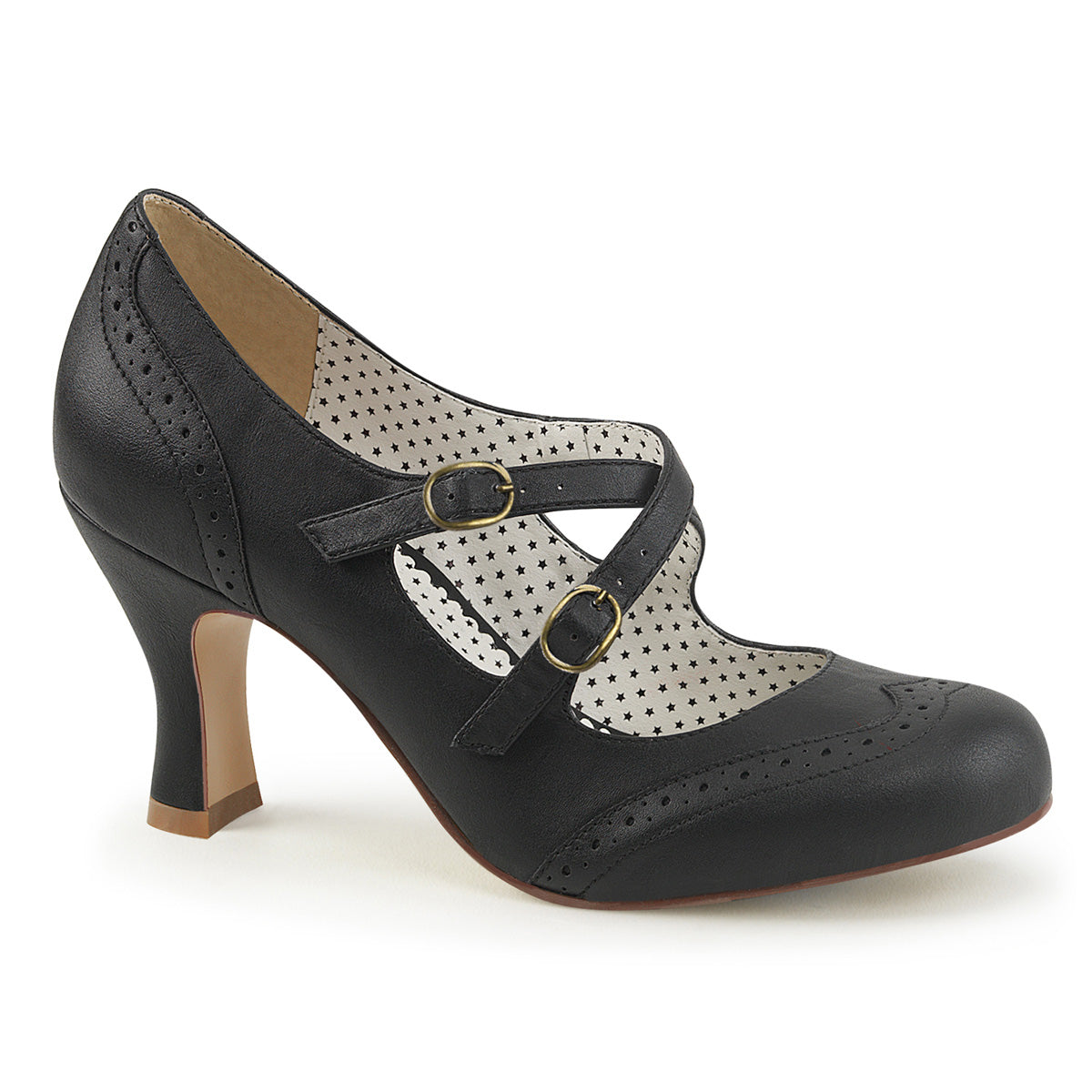Black vintage-style Mary Jane heels with criss-cross straps, kitten heel, and brogue detailing, made from vegan leather