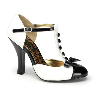 White Mary Jane heel with T-strap, black heel, bow detail, button accents, and leopard print interior lining