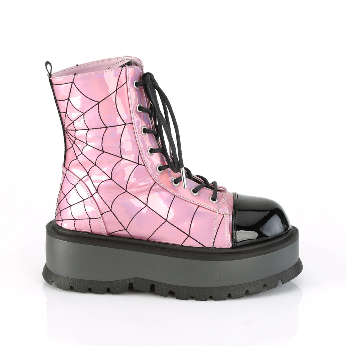 Demonia Slacker-88 Spider Web Platform Boots Hologram Pink