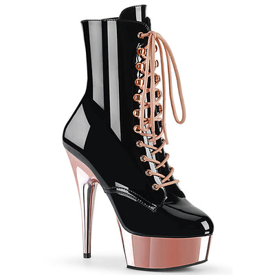 pleaser delight-1020 black pole boots with rose gold chrome platform