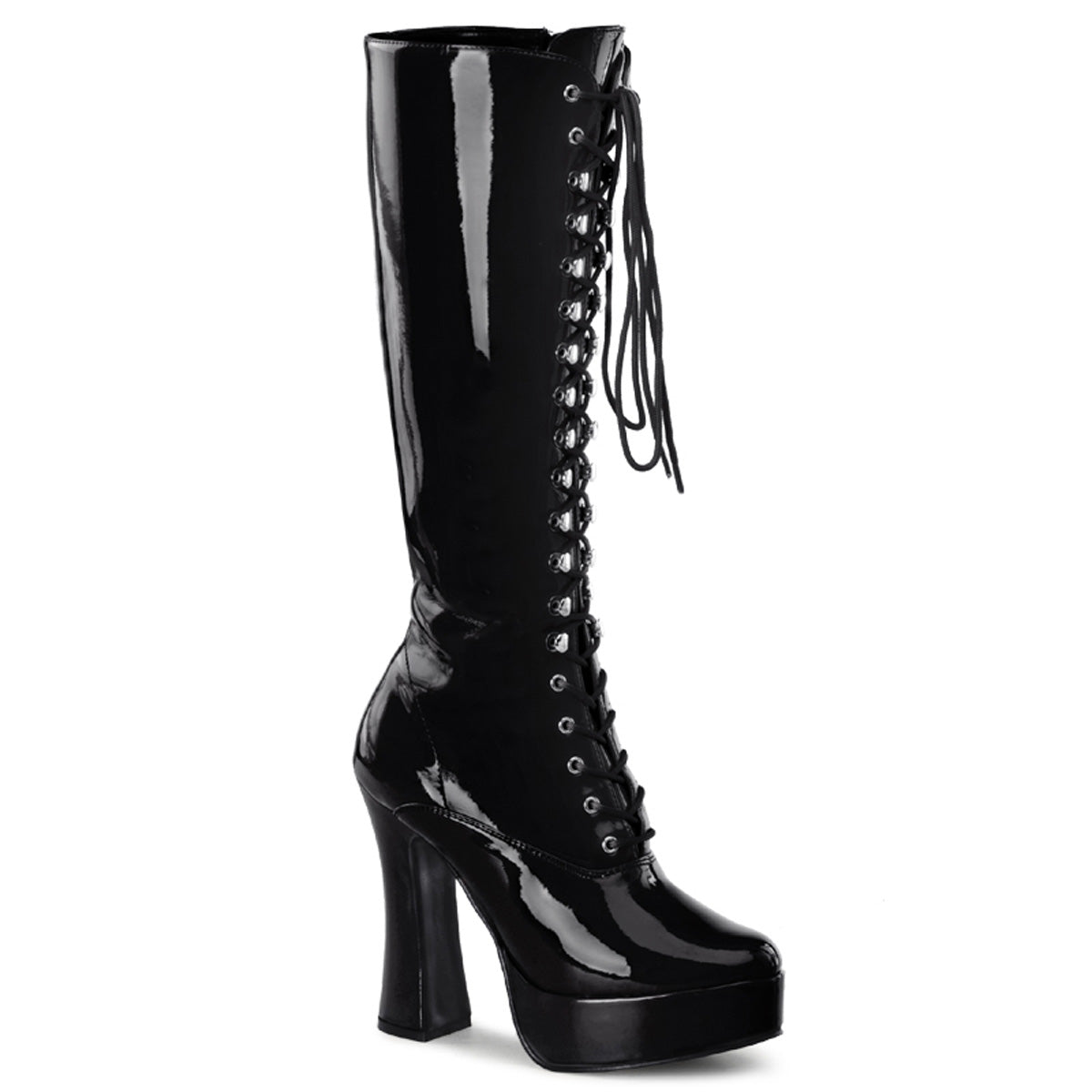 pleaser electra-2020 black glossy knee high platform chunky heel boots
