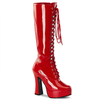 Pleaser electra-2020 red knee high chunky heel platform boots in plus sizes