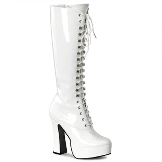 pleaser electra-2020 white patent platform knee high chunky heel boots