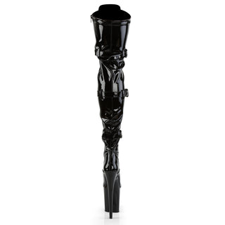 Back view of Pleaser Flamingo-3028 black patent thigh-high platform boots with buckle straps