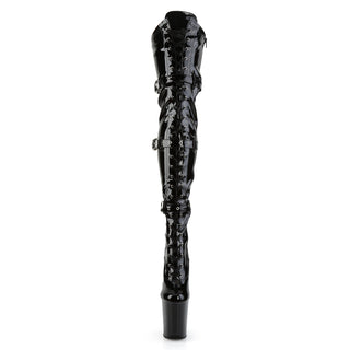 Front view of Pleaser Flamingo-3028 black patent thigh-high platform boots with lace-up front