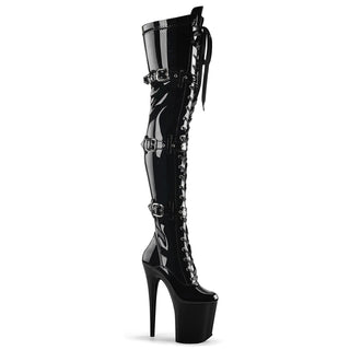 Pleaser Flamingo-3028 black patent thigh-high platform boots with lace-up front