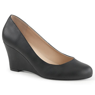 Black wedge heel pump with rounded toe and slip-on design