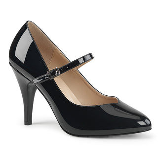 Black patent Mary Jane pump with pointed toe and slim stiletto heel