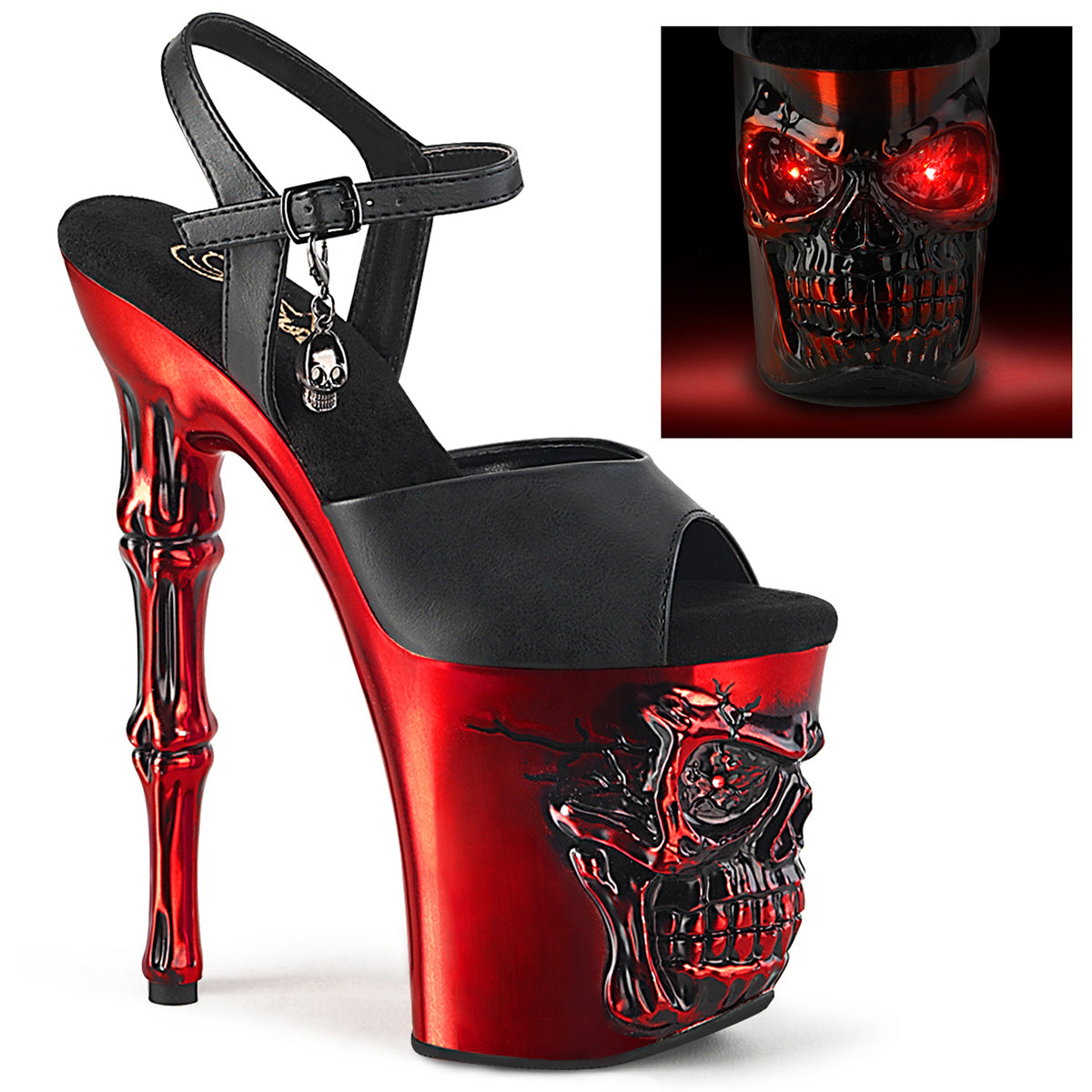 A pair of red platform sandals rapture-809-lt with a sculpted skull platform and finger bone heel, featuring mini skull charms and USB chargeable lights.