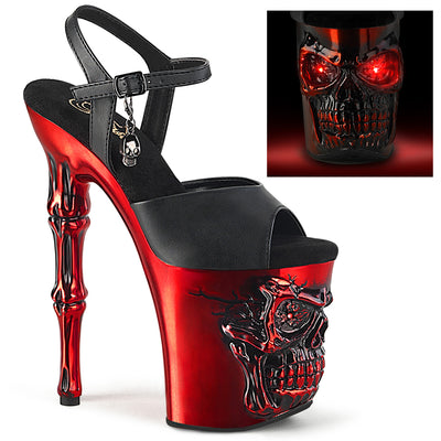 A pair of red platform sandals rapture-809-lt with a sculpted skull platform and finger bone heel, featuring mini skull charms and USB chargeable lights.