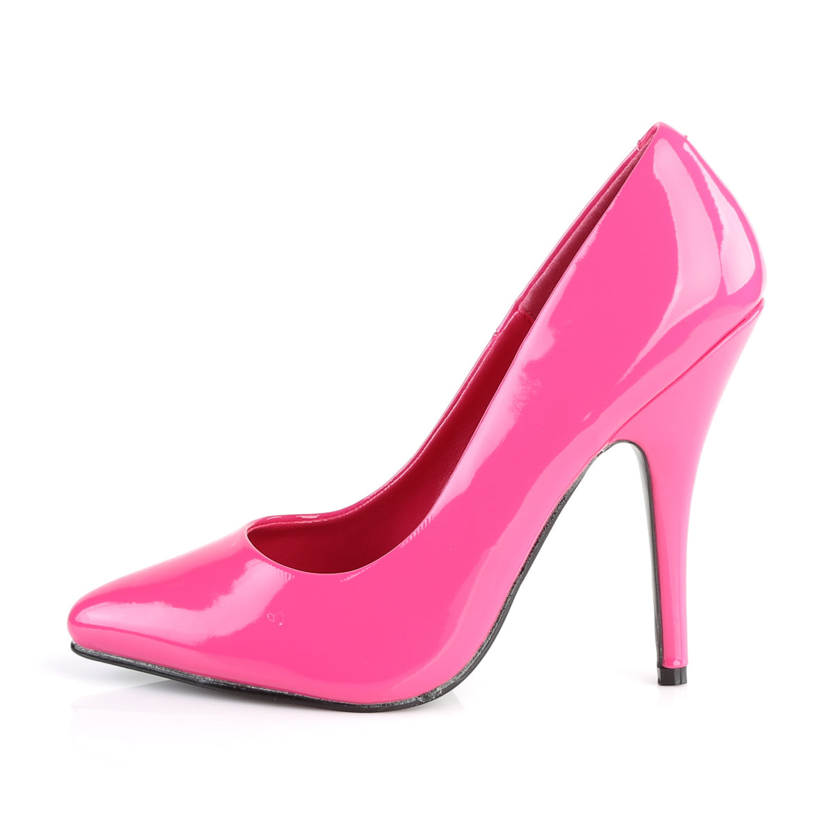 Side profile showing 5-inch heel and sleek silhouette of Seduce-420 hot pink stiletto pump