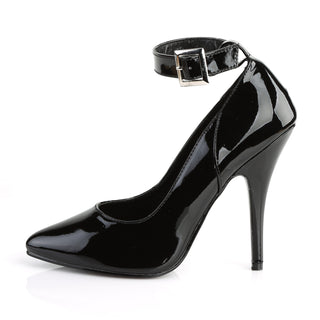 Side profile showing buckle detail on black PA leather Seduce-431 stiletto heel