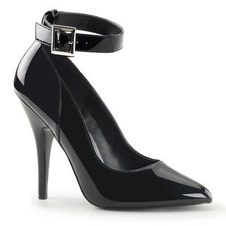 Pleaser Seduce-431 black patent stiletto heels with ankle strap and pointed toe