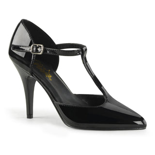 Gloss black T-strap D’Orsay high heel with pointed toe and slim stiletto heel.