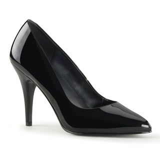 Gloss black patent court pump with pointed toe and 10 cm stiletto heel.