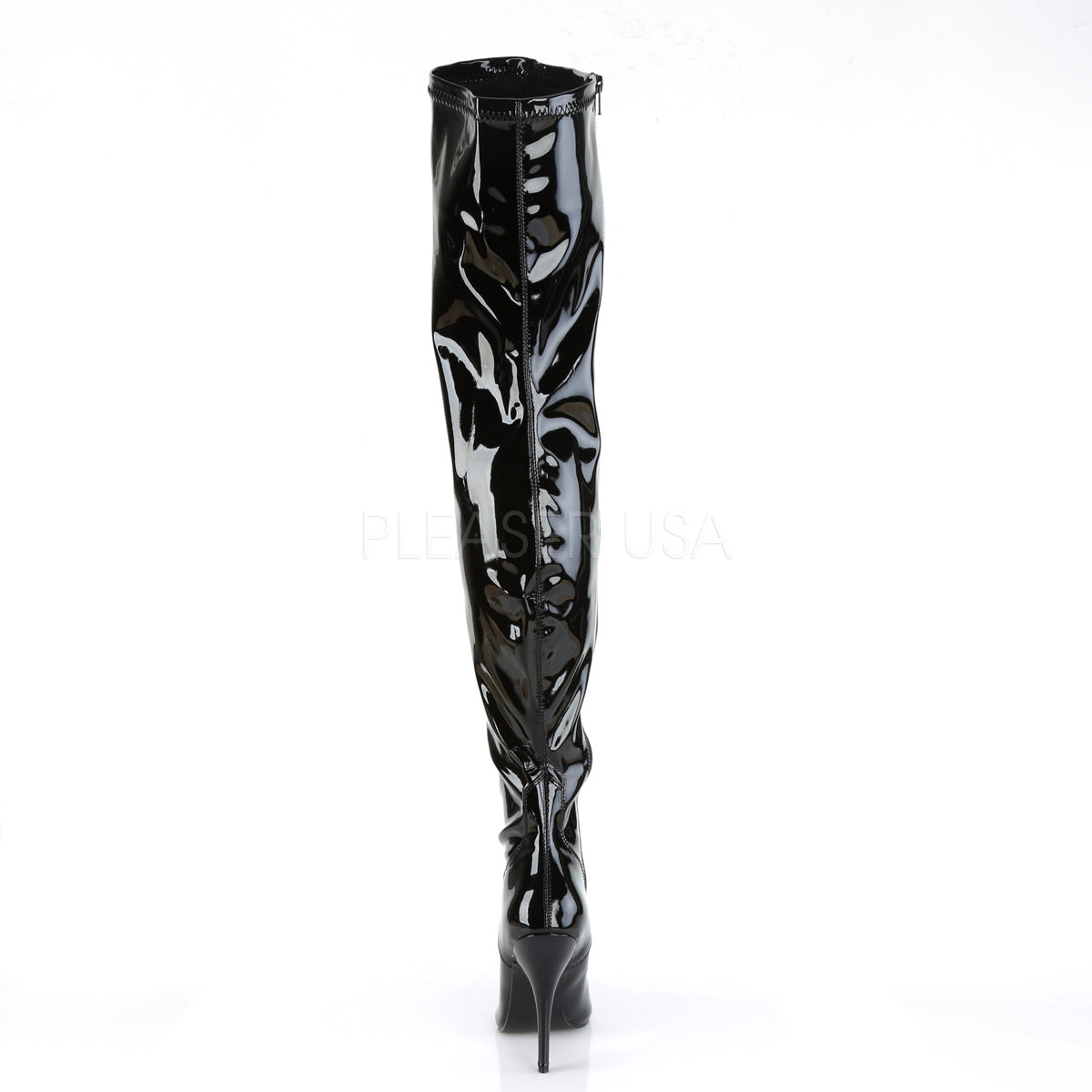 Pleaser seduce-3000 black patent thigh high boots rear view