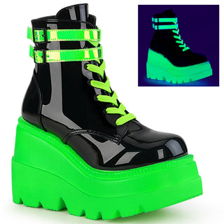 Demonia shaker-52 neon green black wedge platform boots for rave and cyber festival